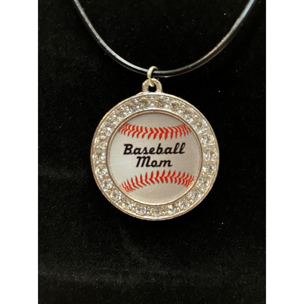 Baseball Mom Rhinestone Studded Pendant Necklace Sports Team Spirit Bling Silver